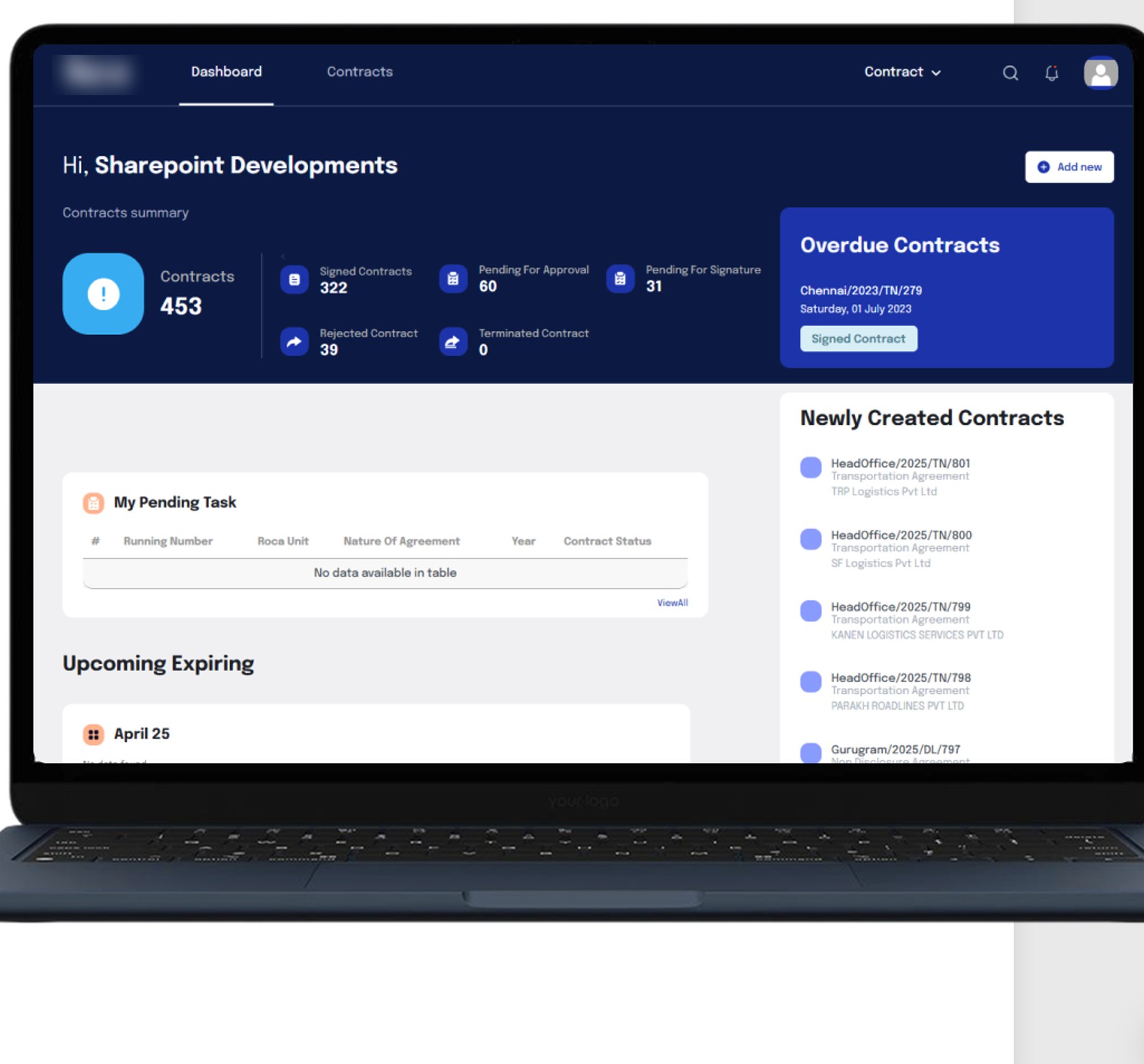 Contract management dashboard with contract summary and overdue contracts on a laptop