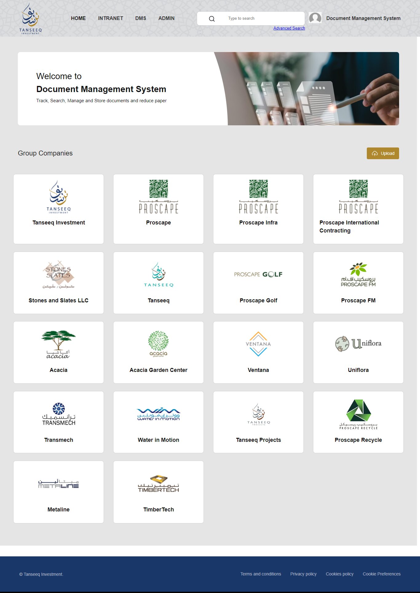SharePoint document management system home page unifying group-company libraries into one searchable repository