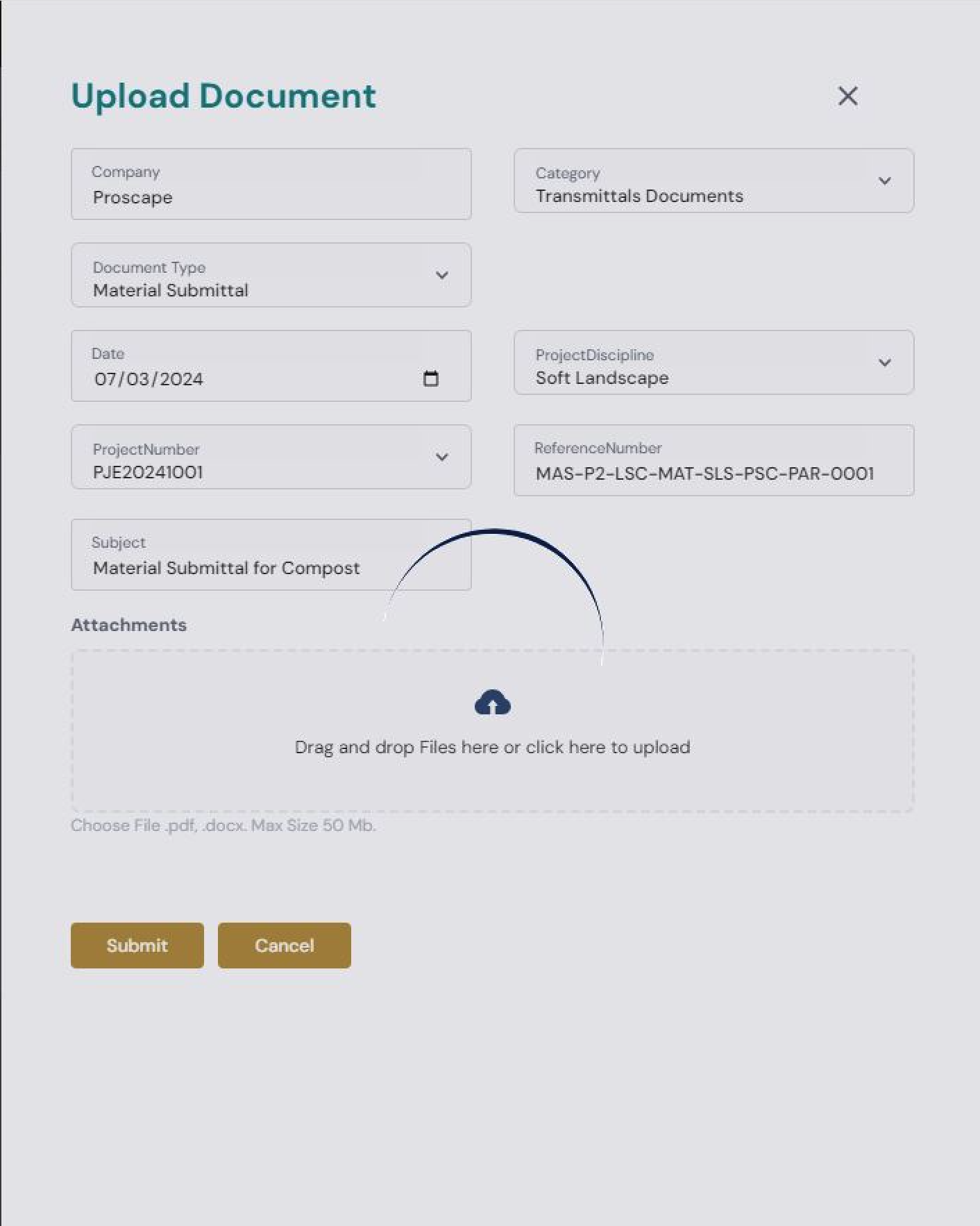 Upload Document form capturing company, category, document type, and metadata