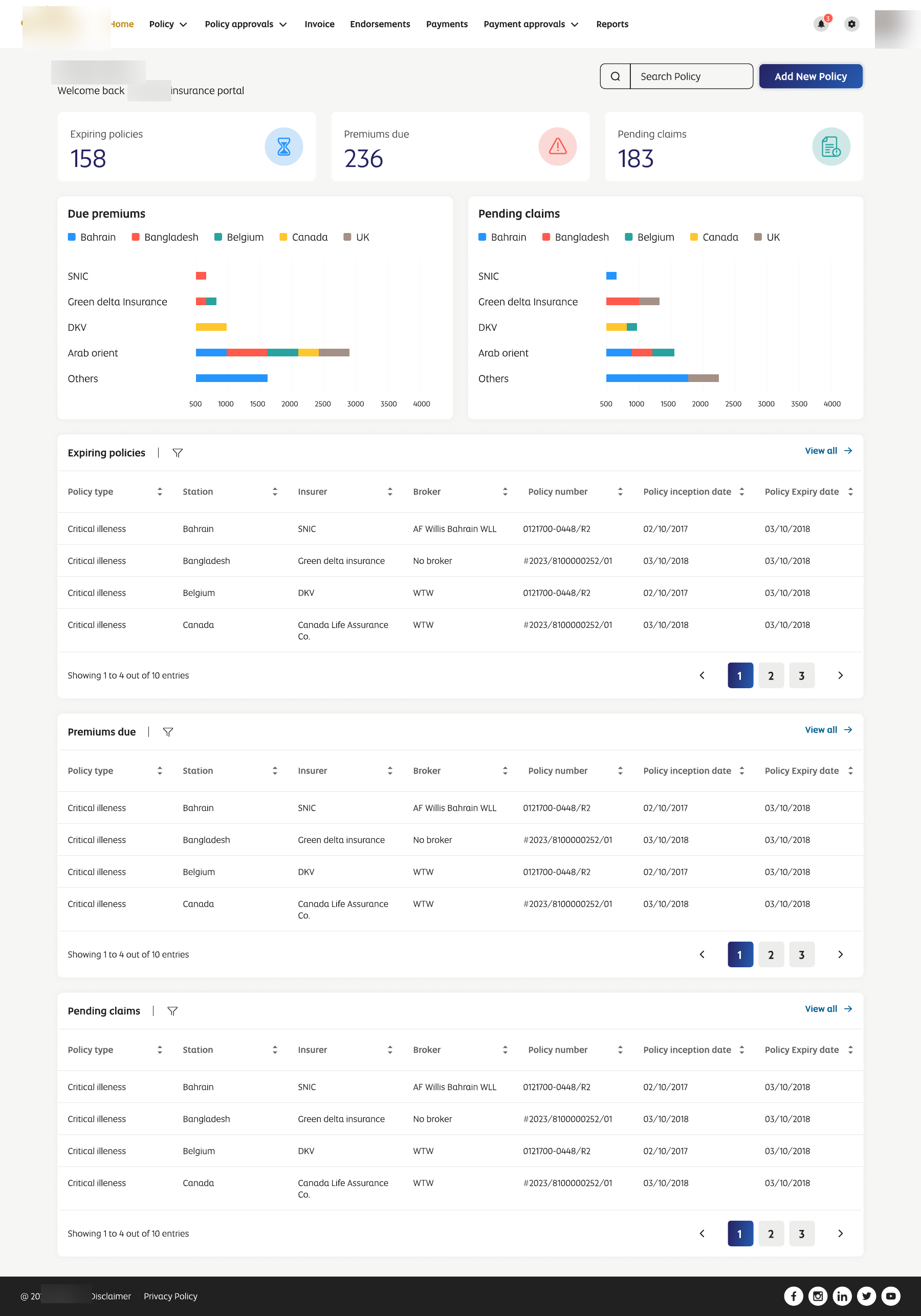 Insurance portal home dashboard with expiring policies, premiums due, and pending claims
