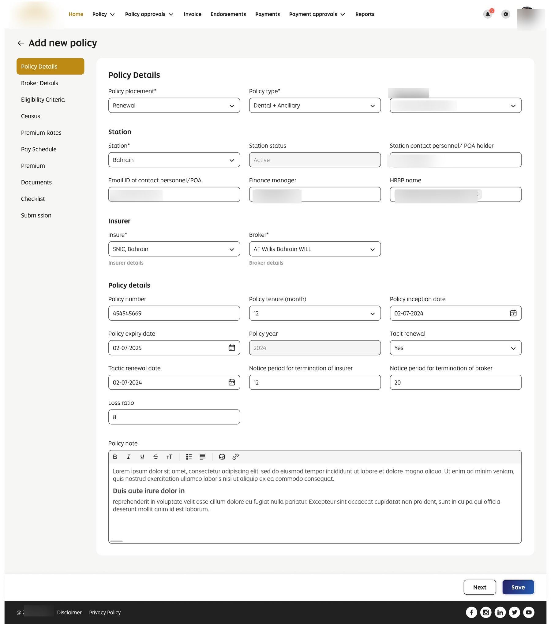 Add new policy form capturing policy, station, insurer, and broker details