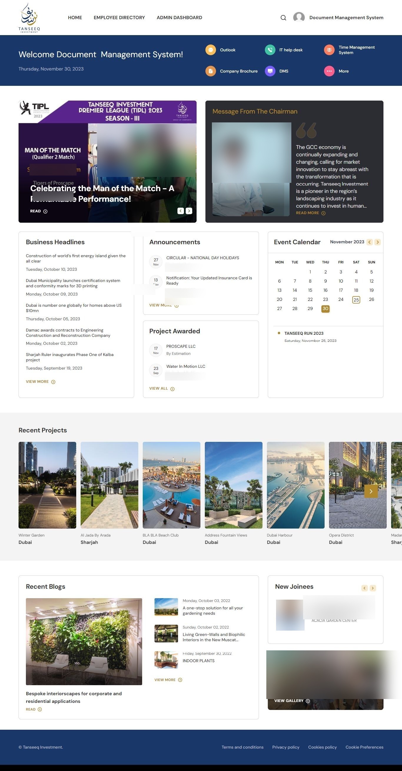 Group intranet home page with announcements, event calendar, recent projects, and company links