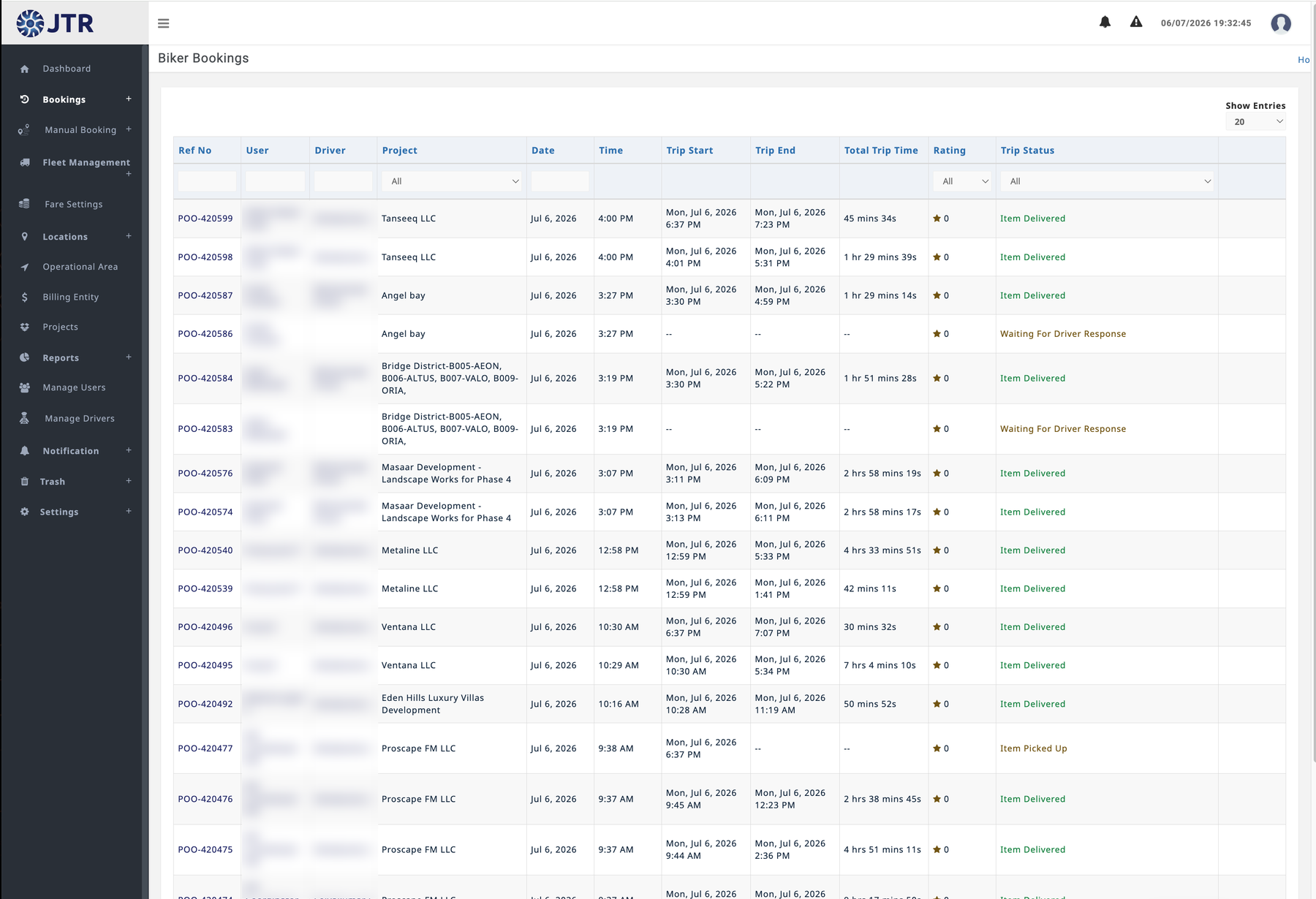 Admin Biker Bookings table with the fleet-management side navigation expanded, showing reference numbers, projects such as Tanseeq, Metaline and Ventana, trip times, and delivery status for each booking