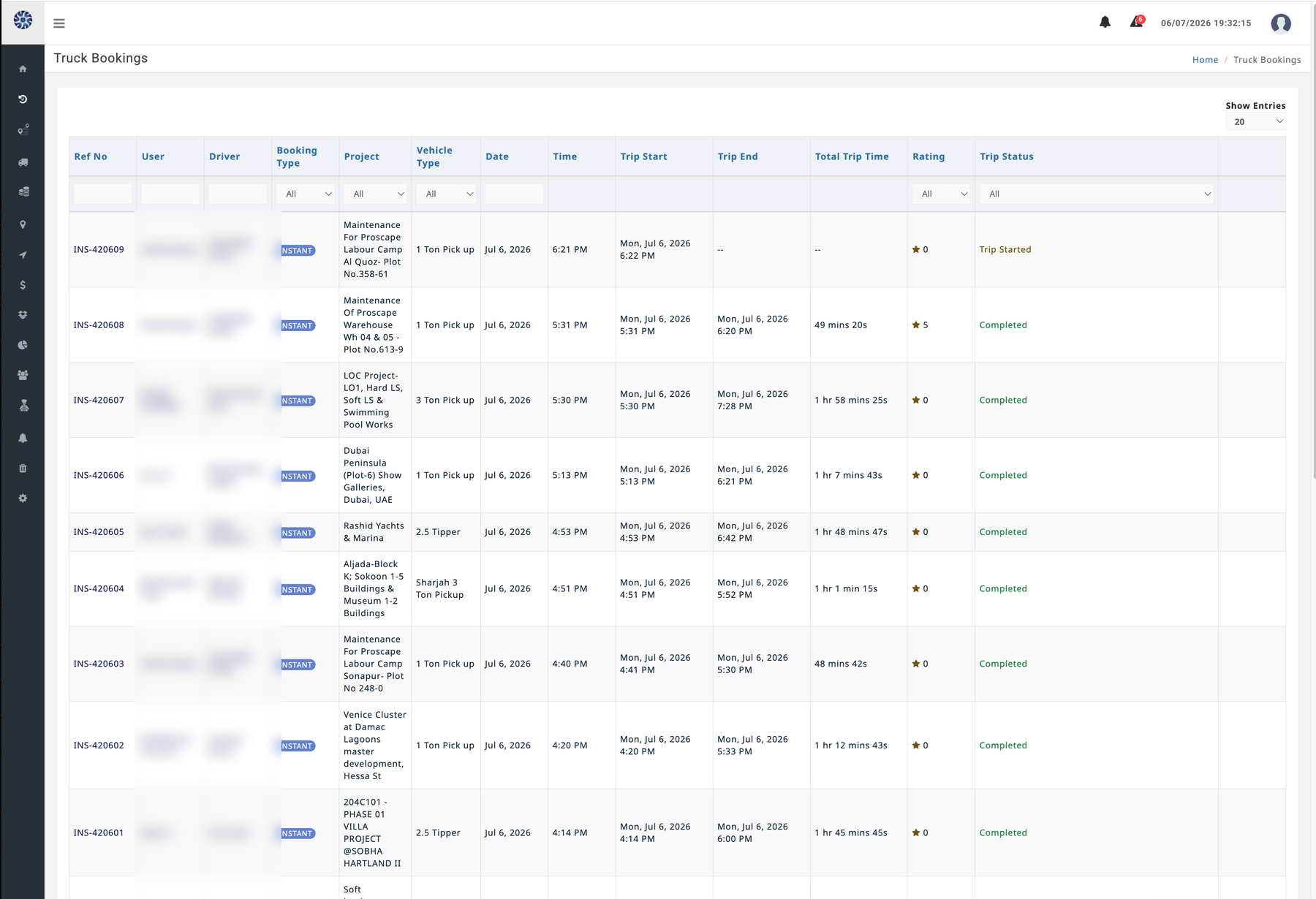 Admin Truck Bookings table listing reference numbers, booking type, project, vehicle type, dates, trip start/end times, total trip time, rating, and trip status across group-company projects