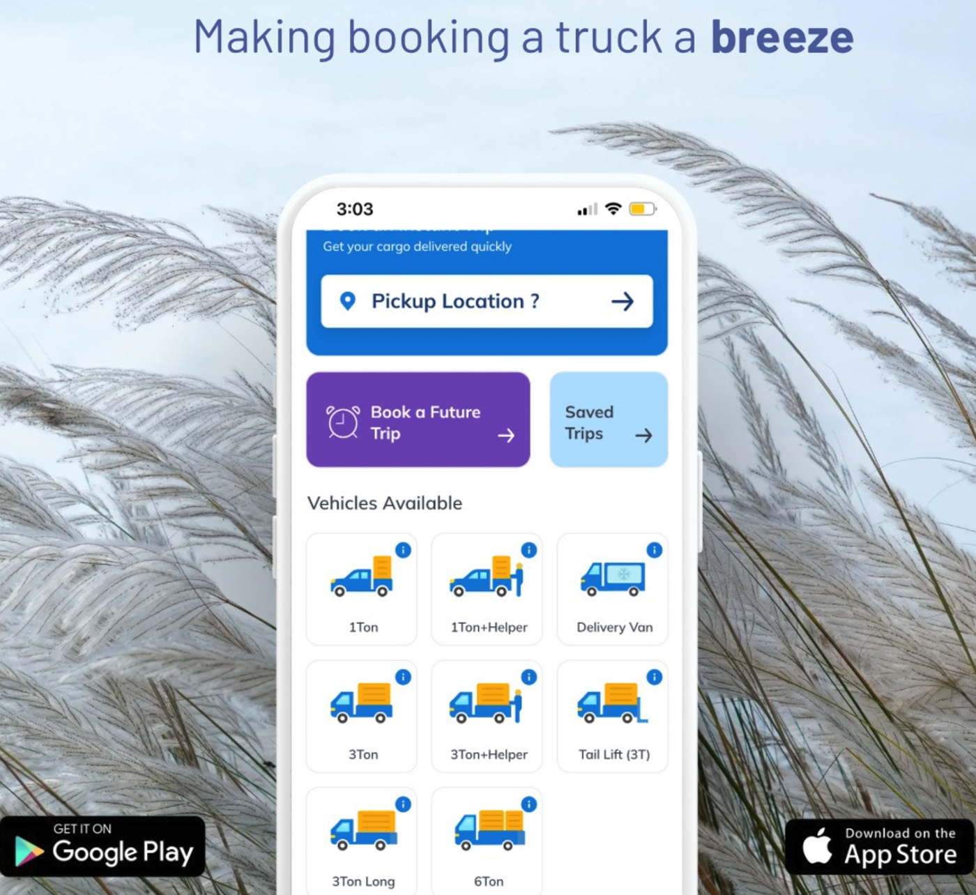 SHAHN "Making booking a truck a breeze" campaign visual showing the app booking home with pickup location, instant and future trip options, and available truck types (1Ton, 1Ton+Helper, Delivery Van, 3Ton, 6Ton) — available on Google Play and the App Store