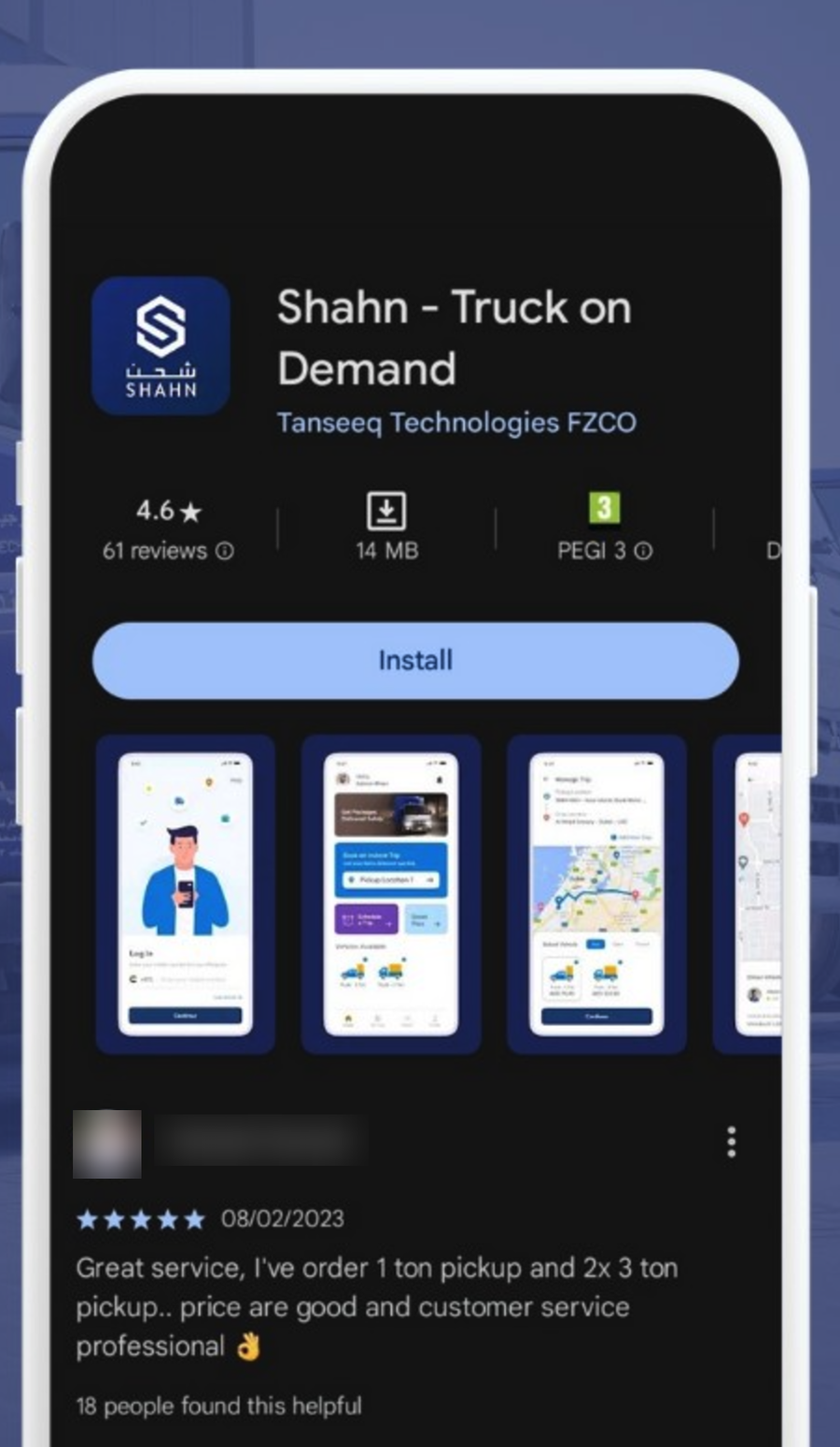 SHAHN — Truck on Demand listing on the Google Play store showing the 4.6-star rating, app screenshots, and Tanseeq Technologies FZCO as the publisher