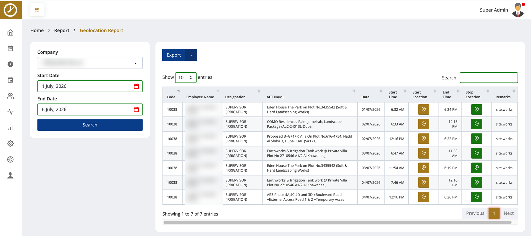 Geolocation report showing each worker’s day across multiple sites with start and stop times, start/stop locations, and the activity per site (employee and company names redacted)