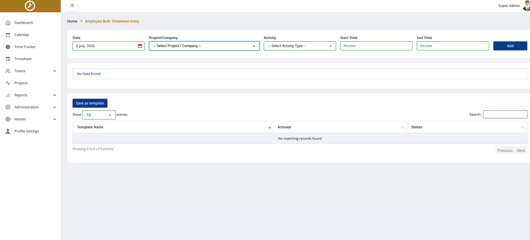 Web timesheet entry screen where staff pick a project/company and activity type and enter start and end times before moving to the next site