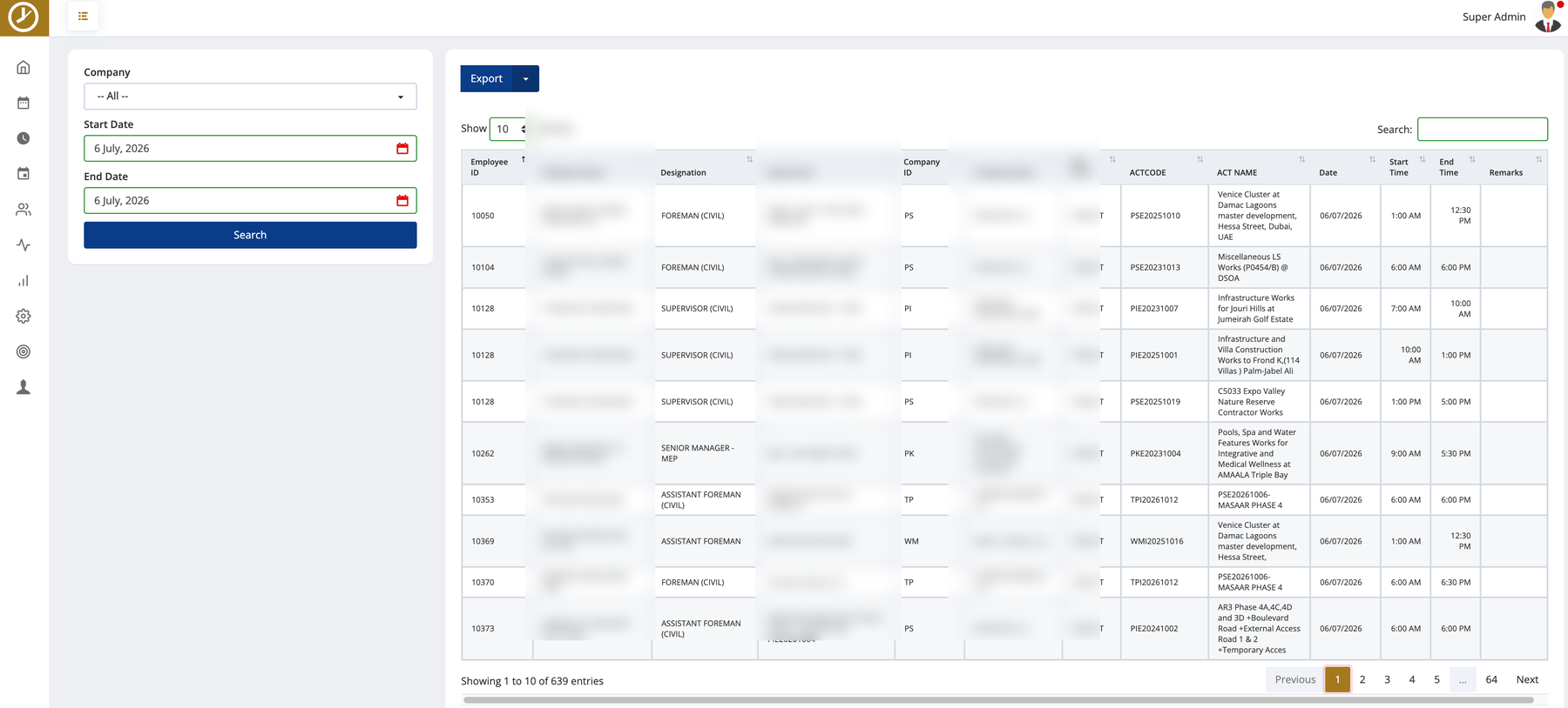 Project-wise time report listing each entry by project, activity, date, and start/stop time for allocation and billing (employee and company names redacted)
